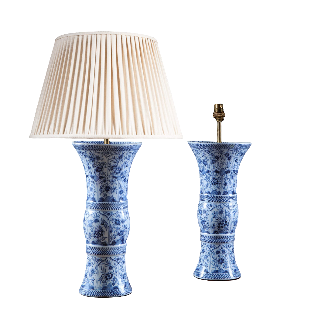 Pair of Delft Blue and White Kangxi Table Lamps with floral patterns, inspired by Chinese Gu vase design.