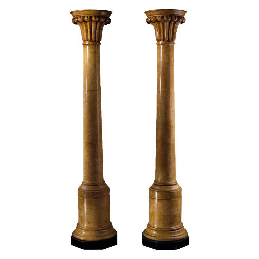 Pair of Regency Scagliola Columns, early 19th-century tapered columns with feather capitals on black marble bases.