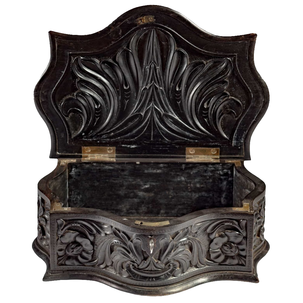 Mid 19th century carved ebony workbox with floral relief by Nicholas Wells Antiques, open showing interior details