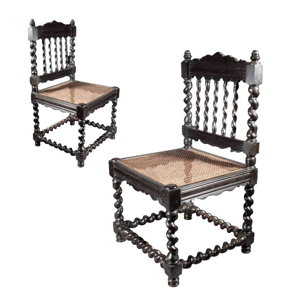 Pair of antique solid ebony Indian hall chairs with caned seats and barley twist legs by Collection EE30
