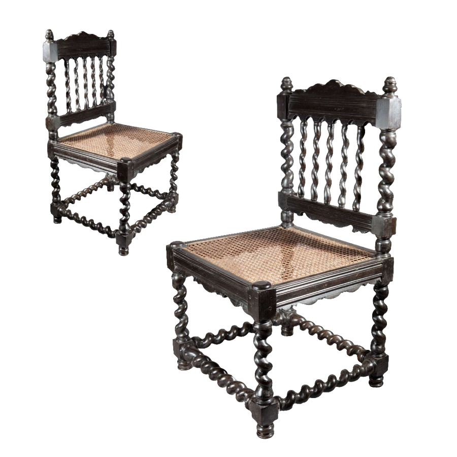 Pair of antique solid ebony Indian hall chairs with caned seats and barley twist legs by Collection EE30