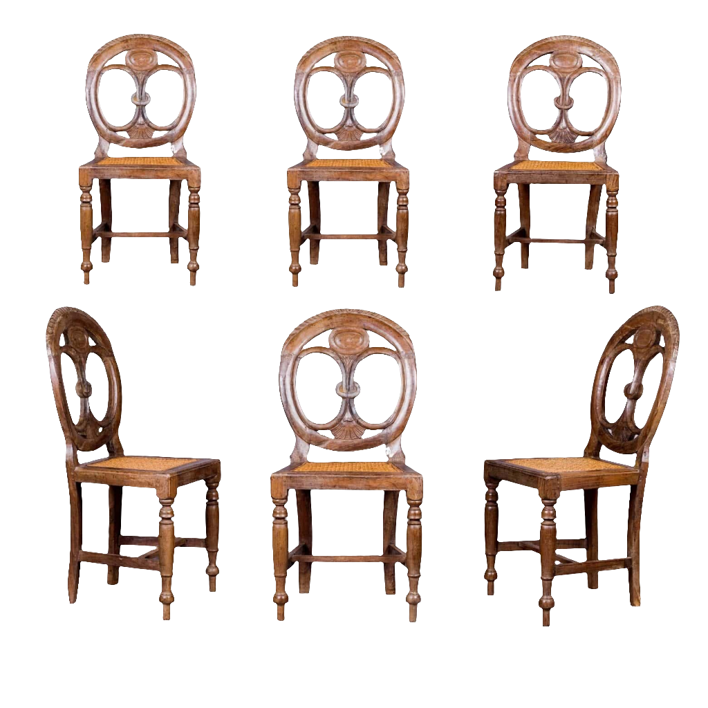 Set of six 19th century Goan side chairs with pierced oval backs and caned seats by Nicholas Wells Antiques