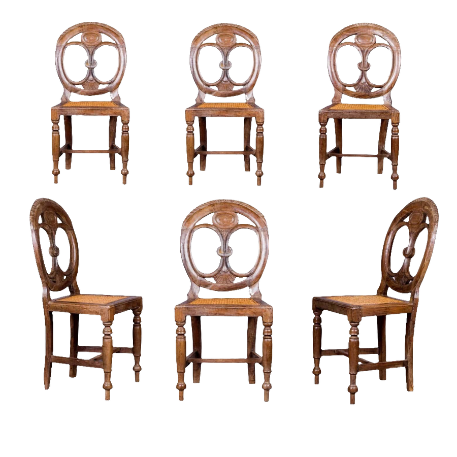 Set of six 19th century Goan side chairs with pierced oval backs and caned seats by Nicholas Wells Antiques
