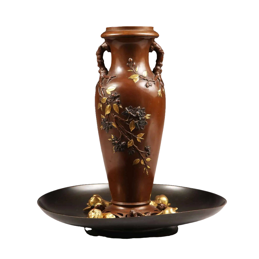 19th-century French Japonism bronze vase with floral details on bronze dish by Nicholas Wells Antiques