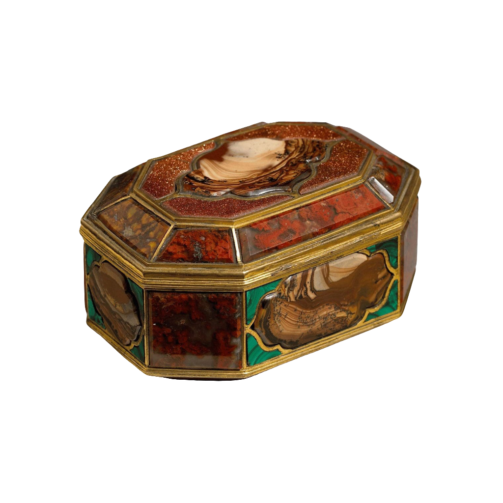 18th century Ottoman polished hardstone and aventurine casket by Nicholas Wells Antiques, elegant gilt tombak design