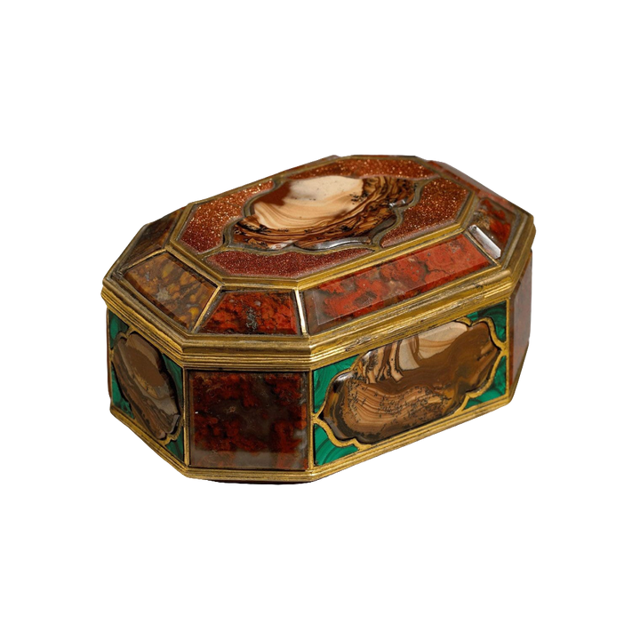 18th century Ottoman polished hardstone and aventurine casket by Nicholas Wells Antiques, elegant gilt tombak design