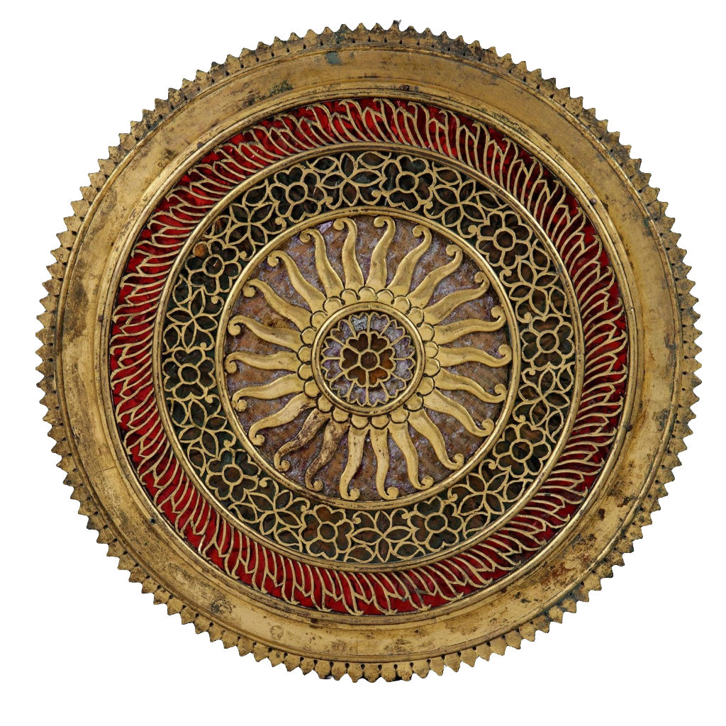 Gilt copper mirrored chakra with intricate floral design and red accents from Collection EE20 circa 1880 India