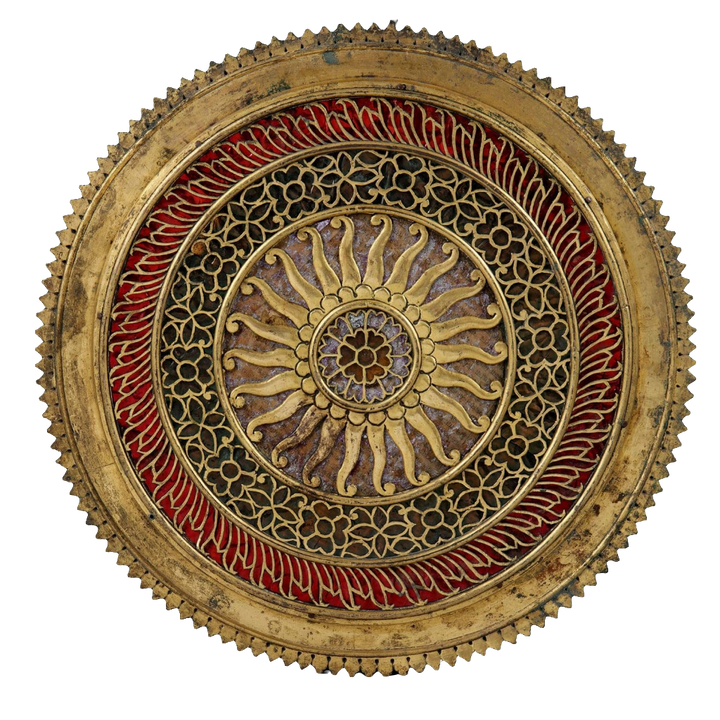 Gilt copper mirrored chakra with intricate floral design and red accents from Collection EE20 circa 1880 India