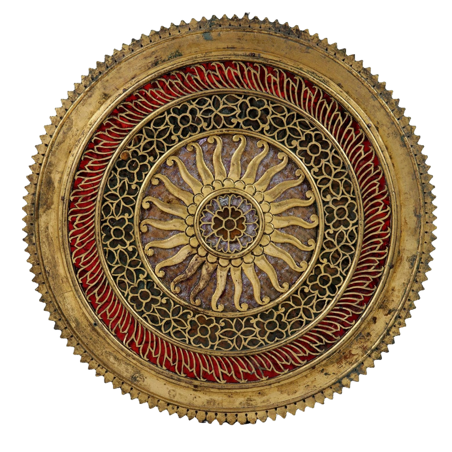 Gilt copper mirrored chakra with intricate floral design and red accents from Collection EE20 circa 1880 India