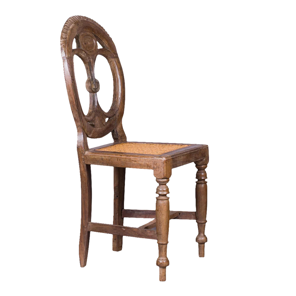 Set of six 19th century Goan side chairs with oval pierced backs and caned seats by Nicholas Wells Antiques