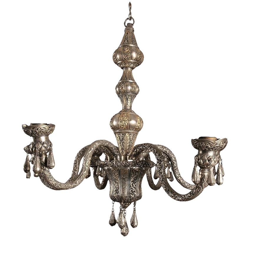 Repoussรฉ silver six arm chandelier with intricate relief work by Collection EE20, India circa 1900, height 79 cm, diameter 80 cm