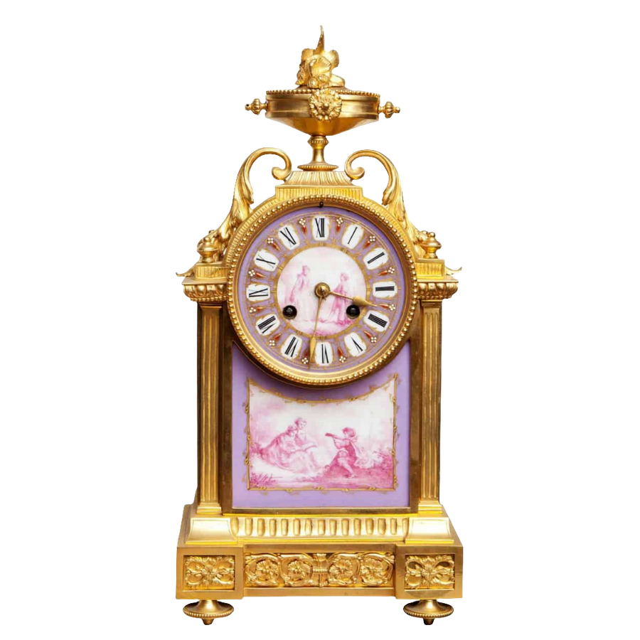 Fine porcelain ormolu mantel clock with courting couple scenes by Nicholas Wells Antiques circa 1880 France