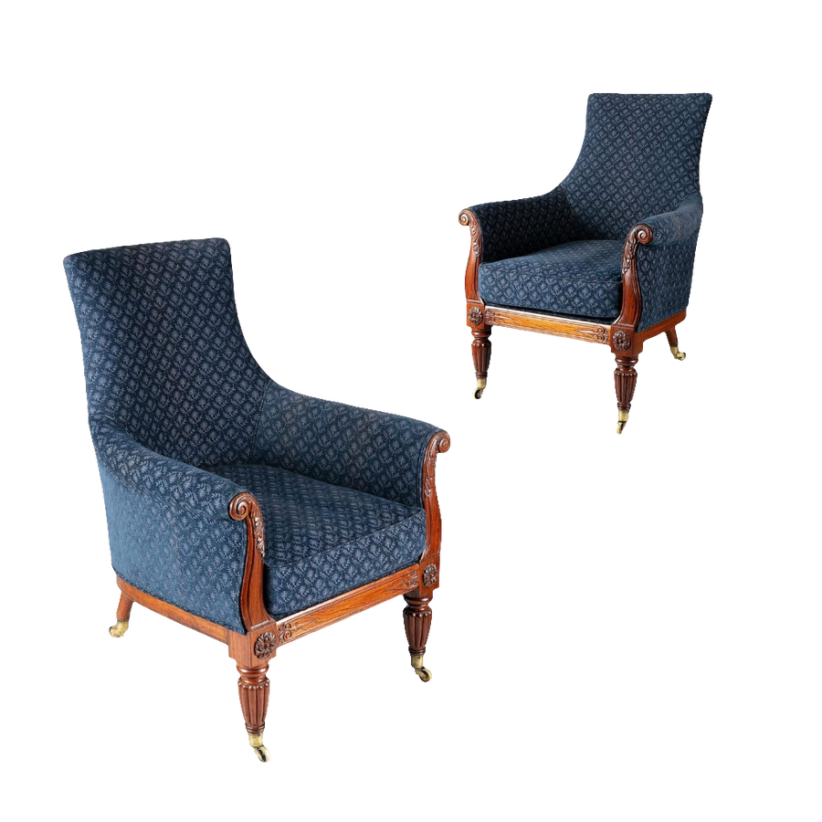 Pair of Regency lyre form rosewood library chairs upholstered in blue fabric from Collection CK20