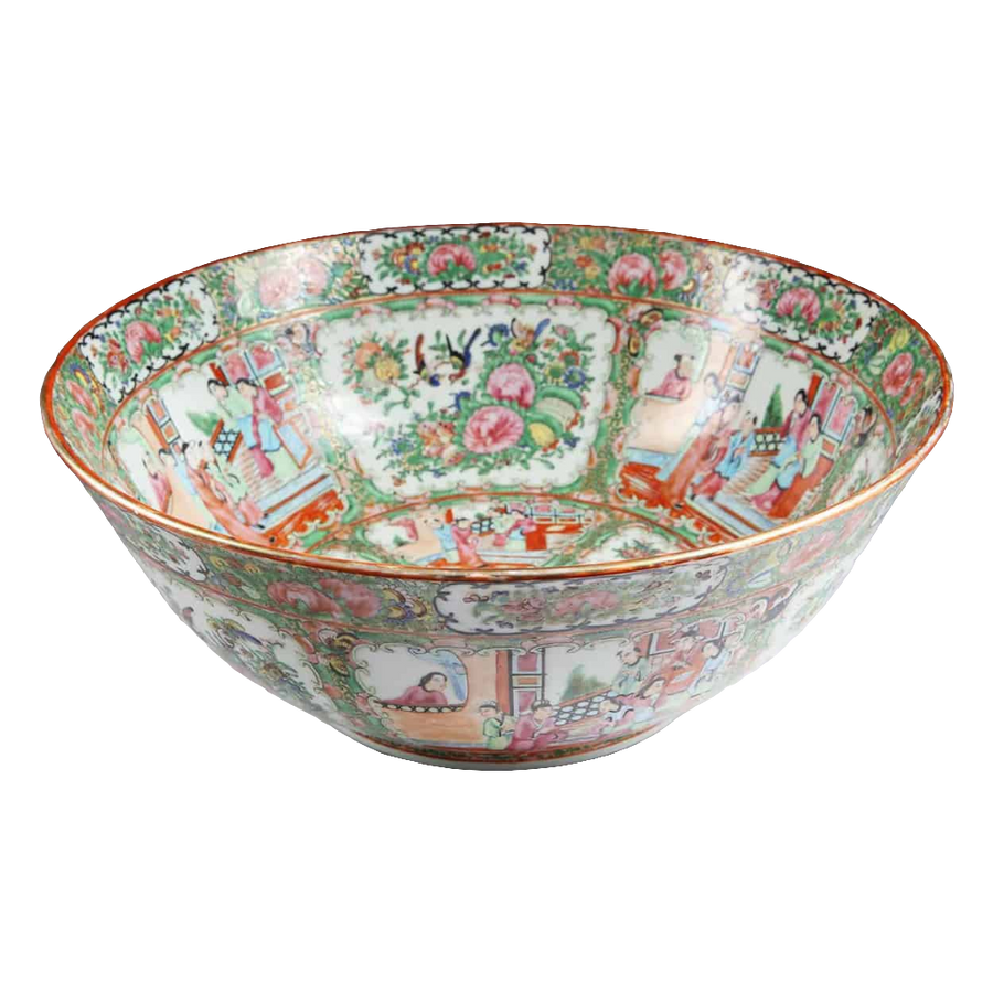 Large Rose Medallion Canton punch bowl with hand-painted floral and bird motifs from Collection CK20.