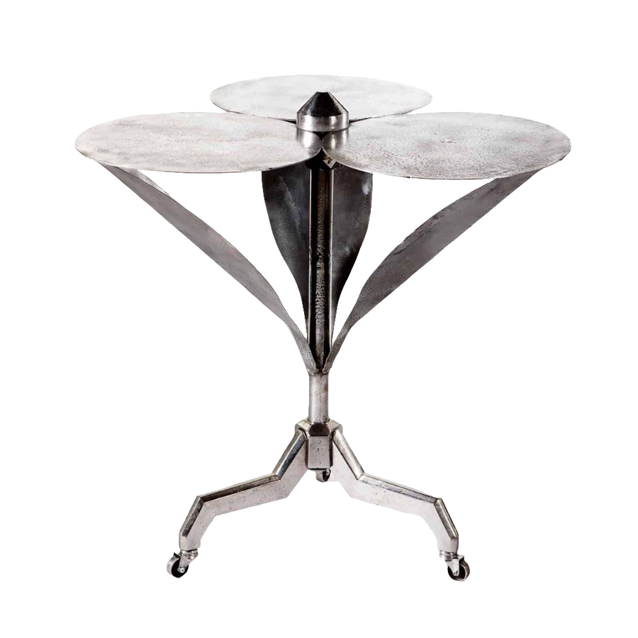 Art Deco Polished Steel Flower Table with three circular tops and a tripod base on casters, circa 1930 France.