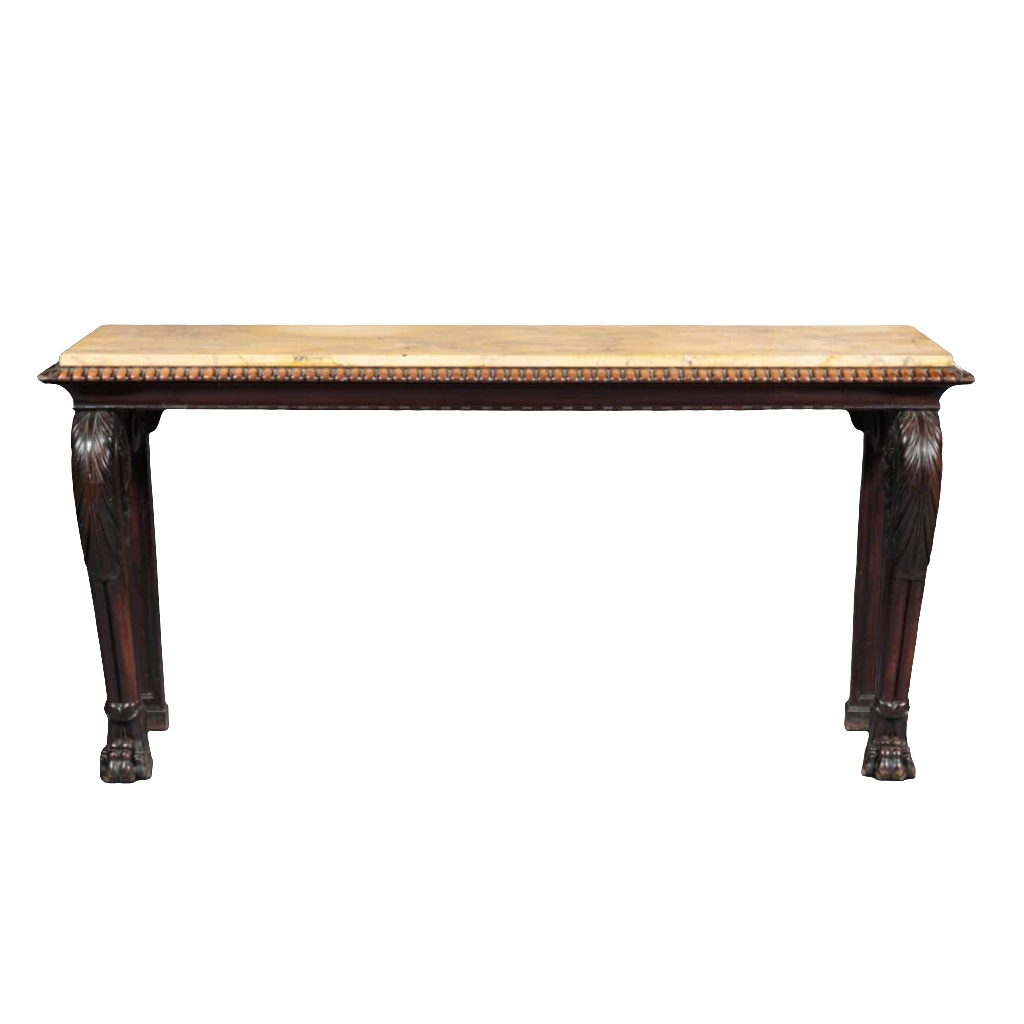Regency Console Table in The Manner of Thomas Hope with mahogany base, intricate carvings, and yellow Siena marble top.
