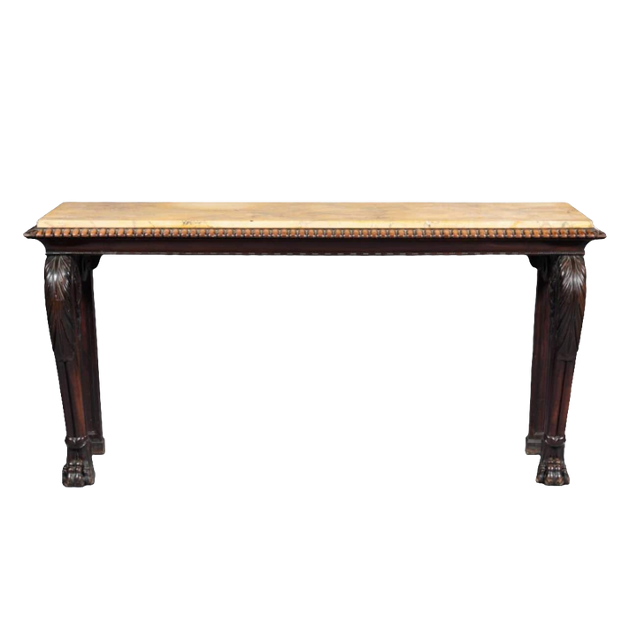 Regency Console Table in The Manner of Thomas Hope with mahogany base, intricate carvings, and yellow Siena marble top.