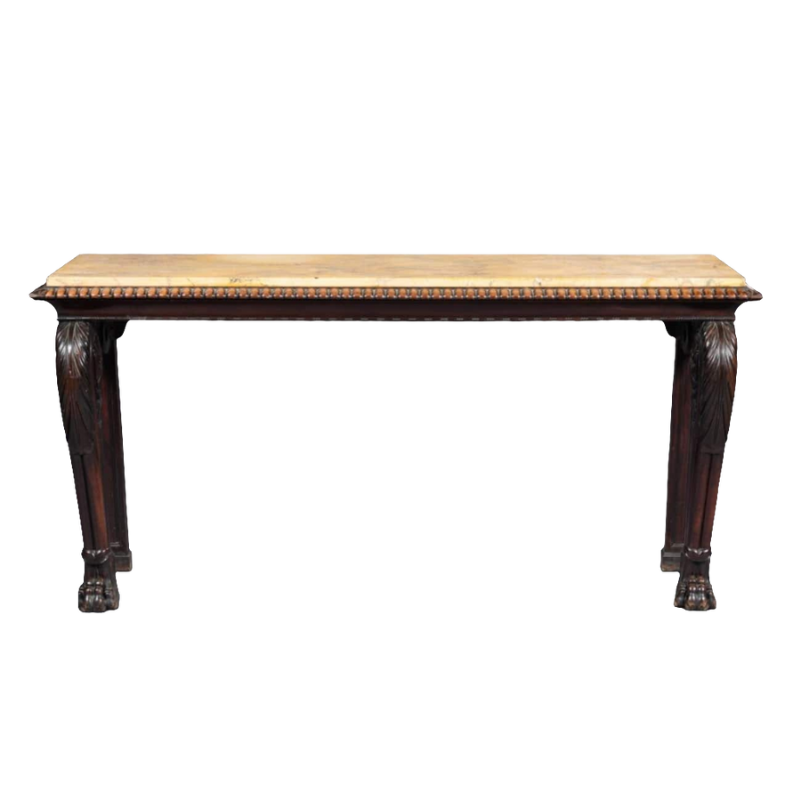 Regency Console Table in The Manner of Thomas Hope with mahogany base, intricate carvings, and yellow Siena marble top.