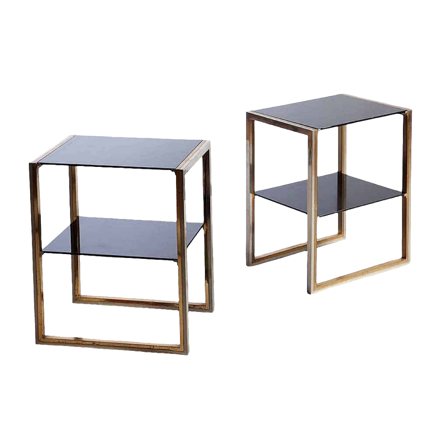 Pair Of Willy Rizzo Chrome and Brass End Tables with two black shelves, Italy circa 1975, modern vintage design.