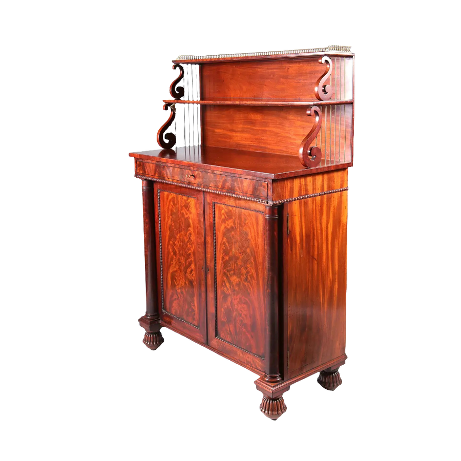Regency mahogany chiffonier with scroll ends and gadrooned bun feet by Nicholas Wells Antiques circa 1815 England