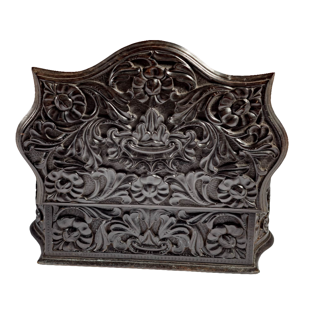 Mid 19th century carved ebony workbox with floral detail by Nicholas Wells Antiques from Southern Ceylon circa 1850