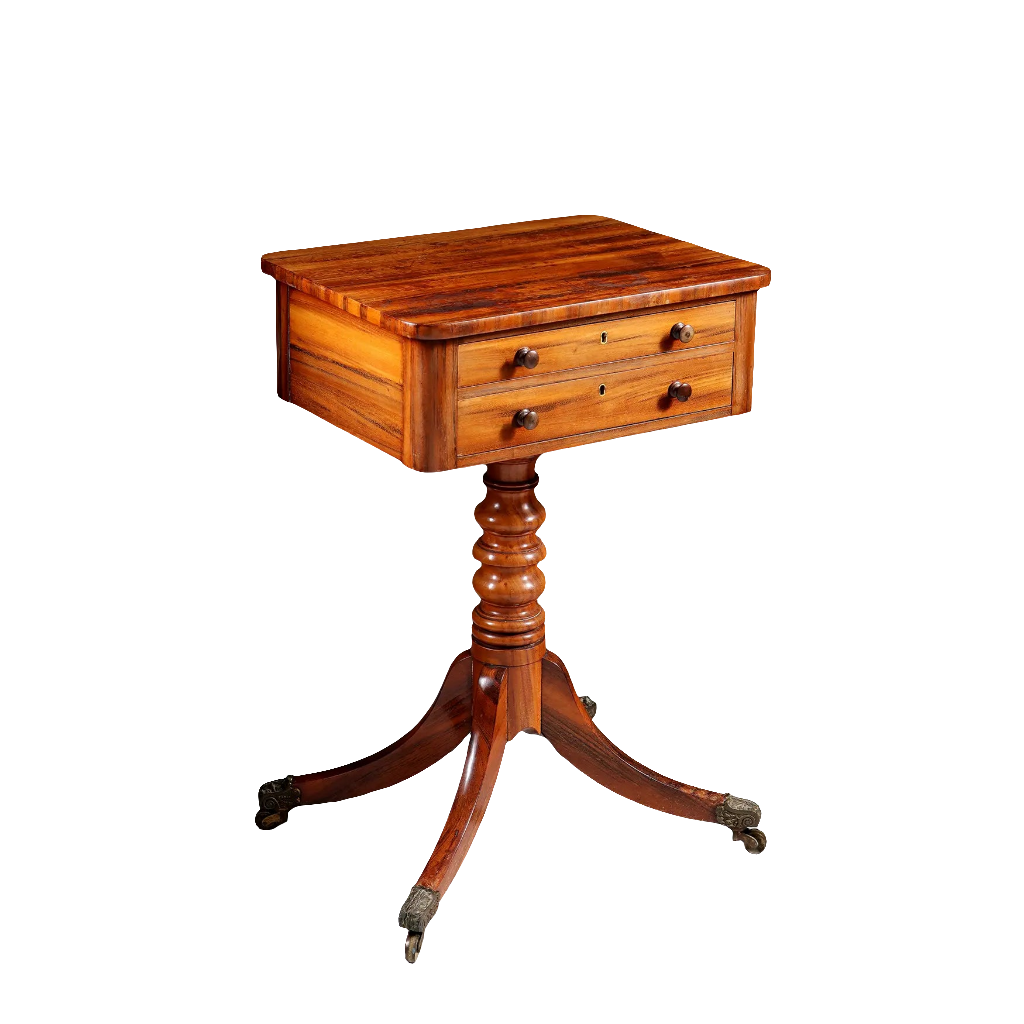 Regency Goncalo Alves Occasional Table with carved pedestal and brass casters, antique English circa 1810-1815 design.