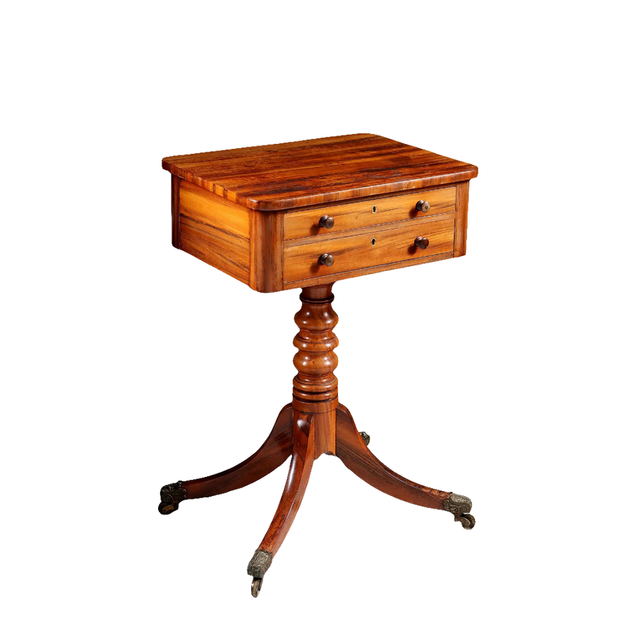 Regency Goncalo Alves Occasional Table with carved pedestal and brass casters, antique English circa 1810-1815 design.