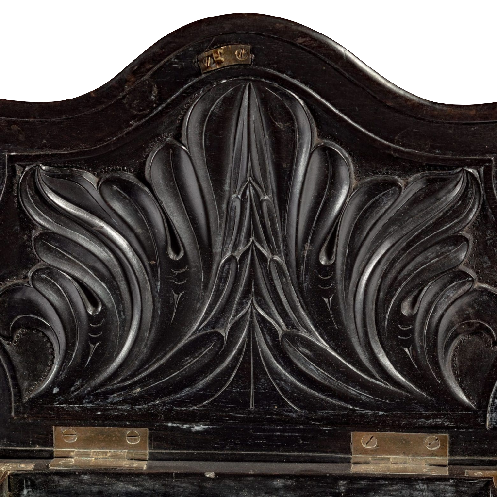 Close-up of carved floral ebony detail on mid 19th century workbox by Nicholas Wells Antiques