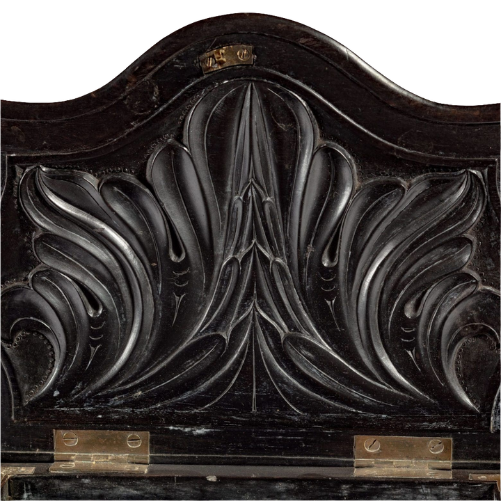 Close-up of carved floral ebony detail on mid 19th century workbox by Nicholas Wells Antiques