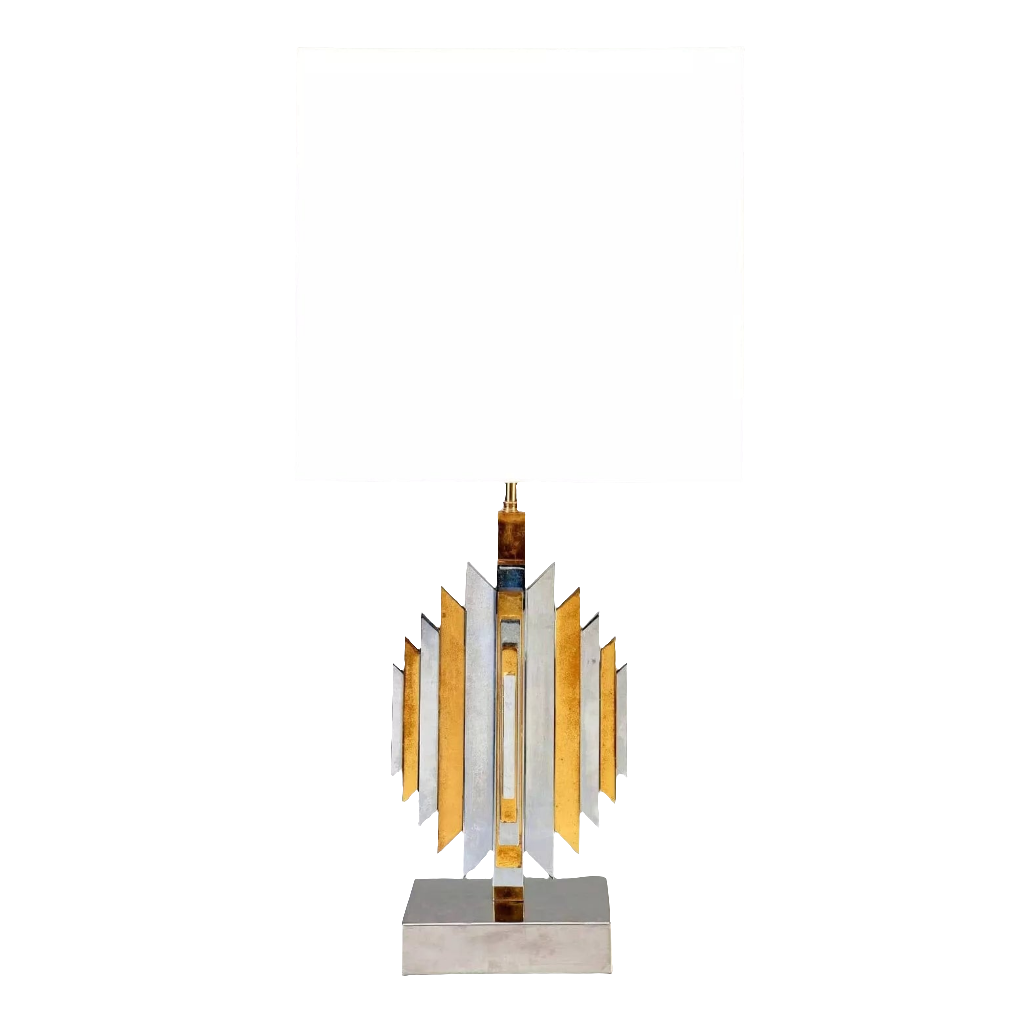 Brass Chrome Vintage Table Lamp possibly by Romeo Rega with geometric design and white rectangular shade, circa 1975, 83cm tall.