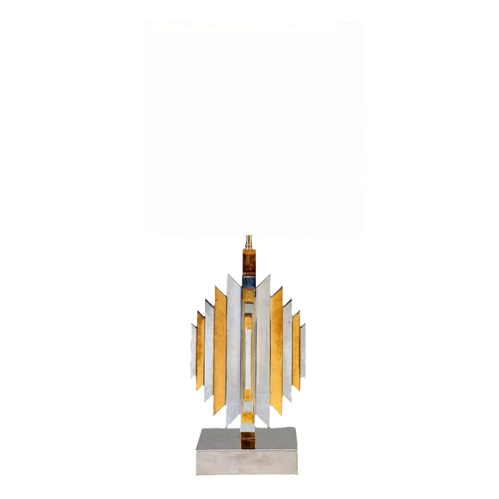 Brass Chrome Vintage Table Lamp possibly by Romeo Rega with geometric design and white rectangular shade, circa 1975, 83cm tall.