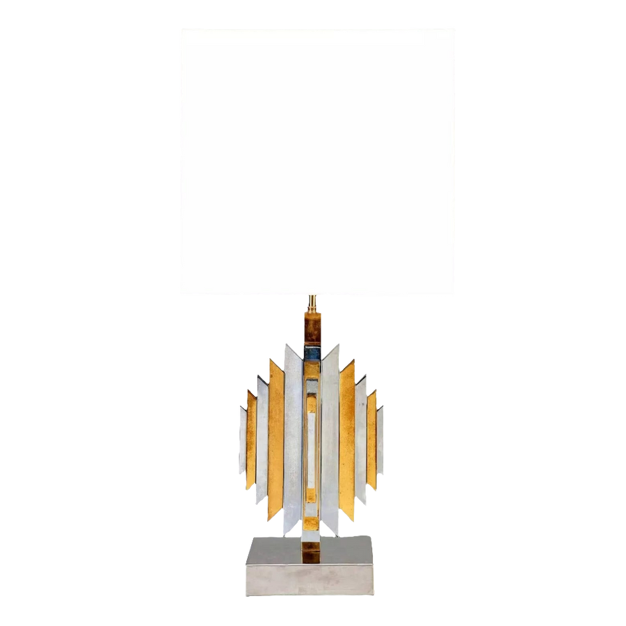 Brass Chrome Vintage Table Lamp possibly by Romeo Rega with geometric design and white rectangular shade, circa 1975, 83cm tall.