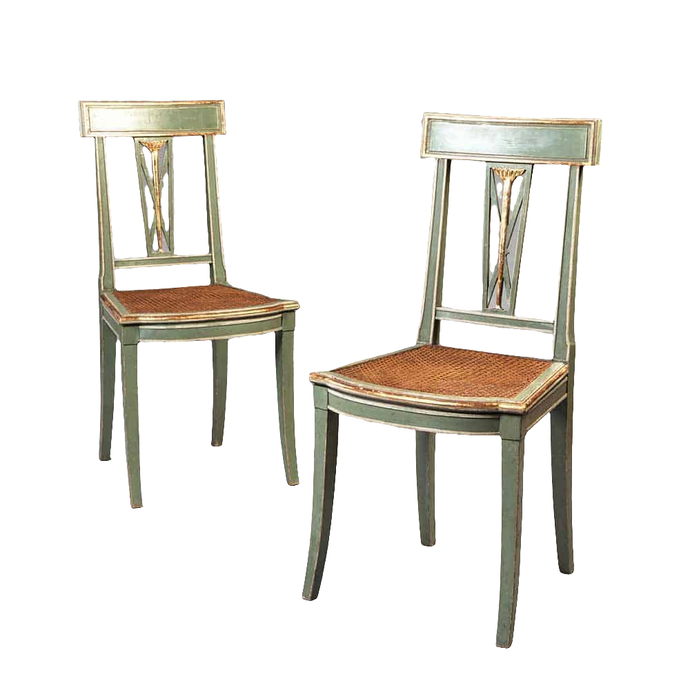 Pair of green painted and gold Italian side chairs with caned seats by Nicholas Wells Antiques circa 1900