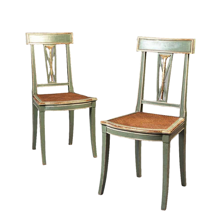 Pair of green painted and gold Italian side chairs with caned seats by Nicholas Wells Antiques circa 1900