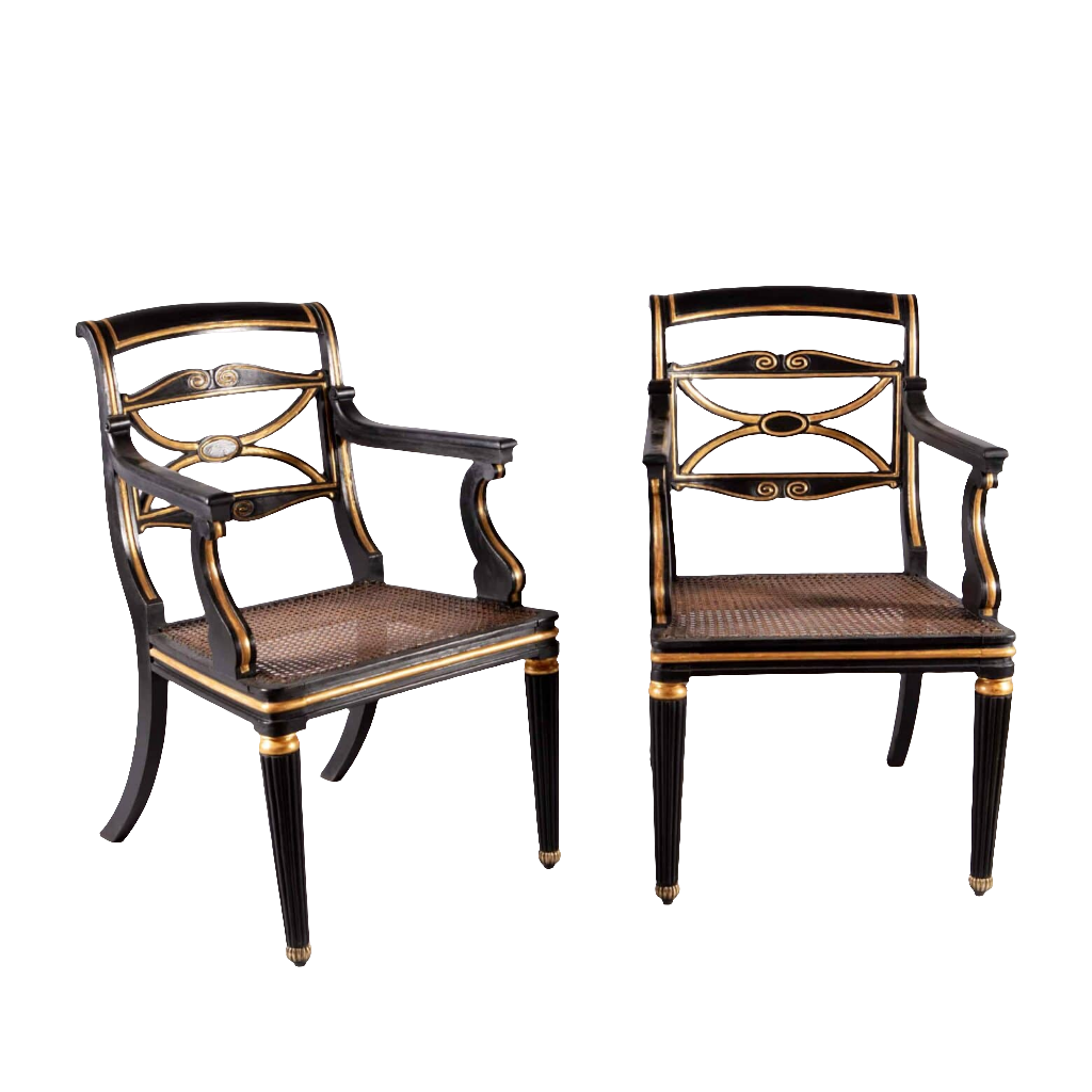 A pair of Regency parcel gilt armchairs with cane seats and brass feet from Collection TH20.