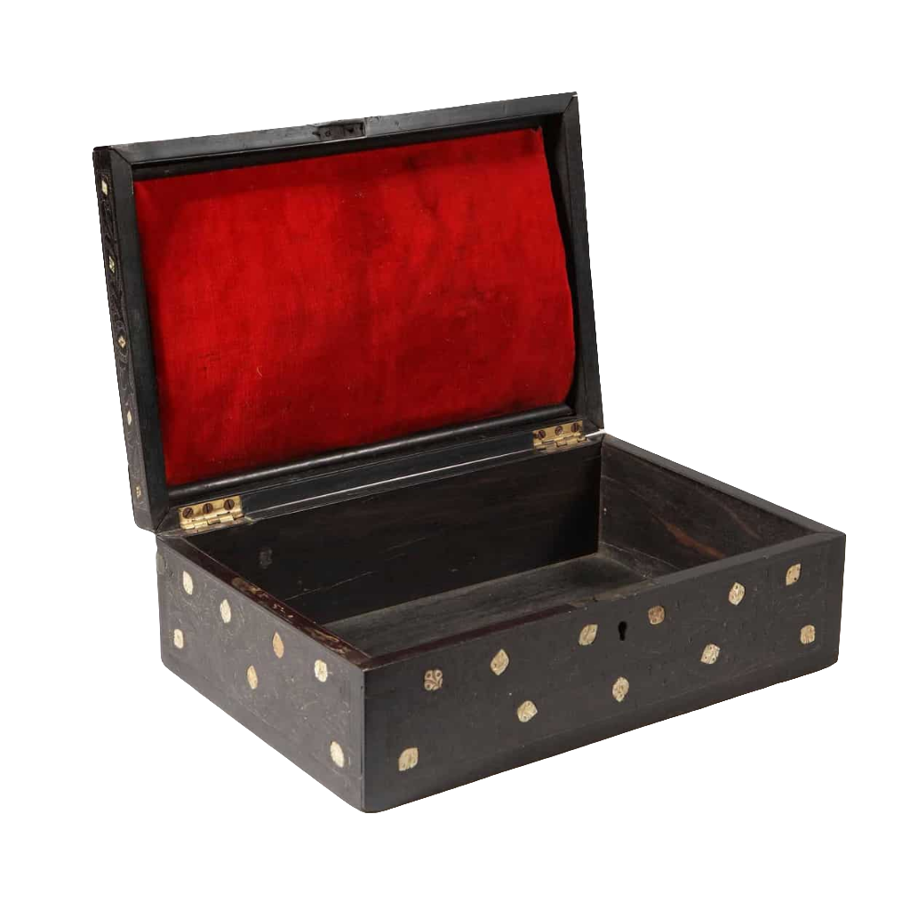 Open 19th century Indian ebony box with bone inlay and red fabric lining by Collection EE20