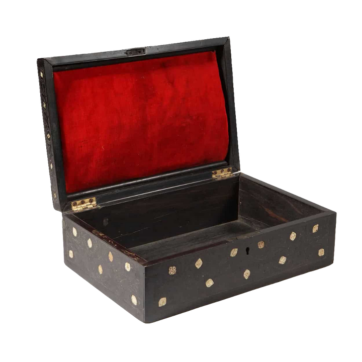 Open 19th century Indian ebony box with bone inlay and red fabric lining by Collection EE20