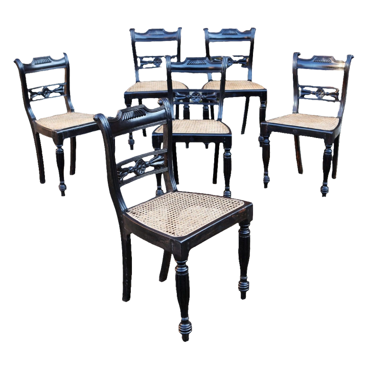 Set of six 19th century Anglo Indian ebony side chairs with caned seats from Collection EE30, circa 1830.