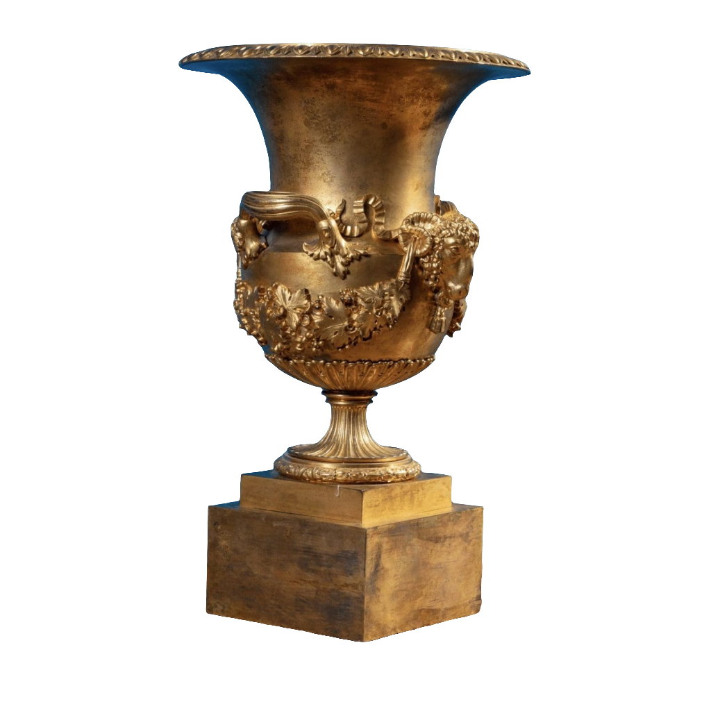 Restauration gilt-bronze vase with rams’ heads and grapevine details on square plinth by Collection EE20