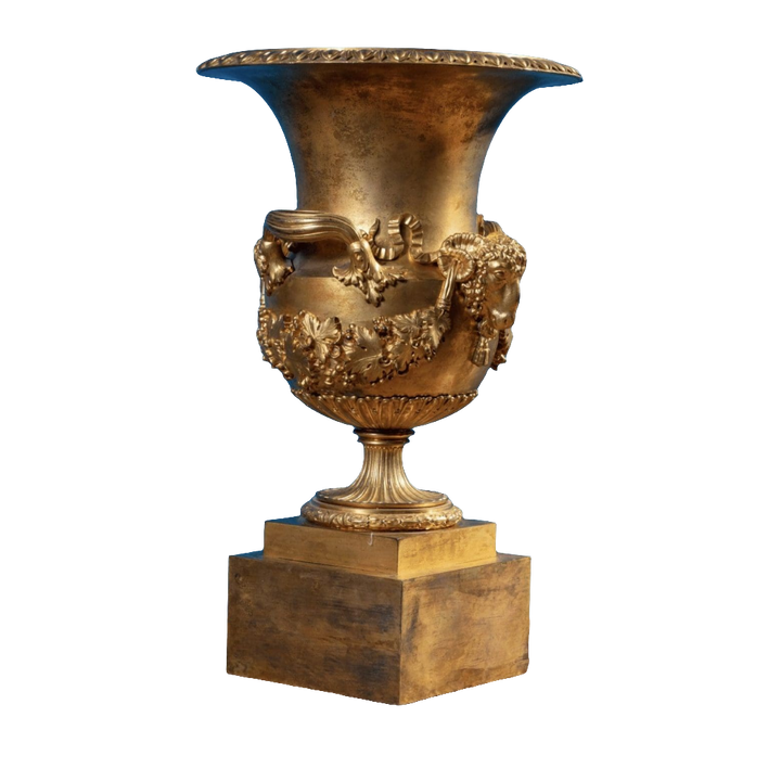 Restauration gilt-bronze vase with rams’ heads and grapevine details on square plinth by Collection EE20