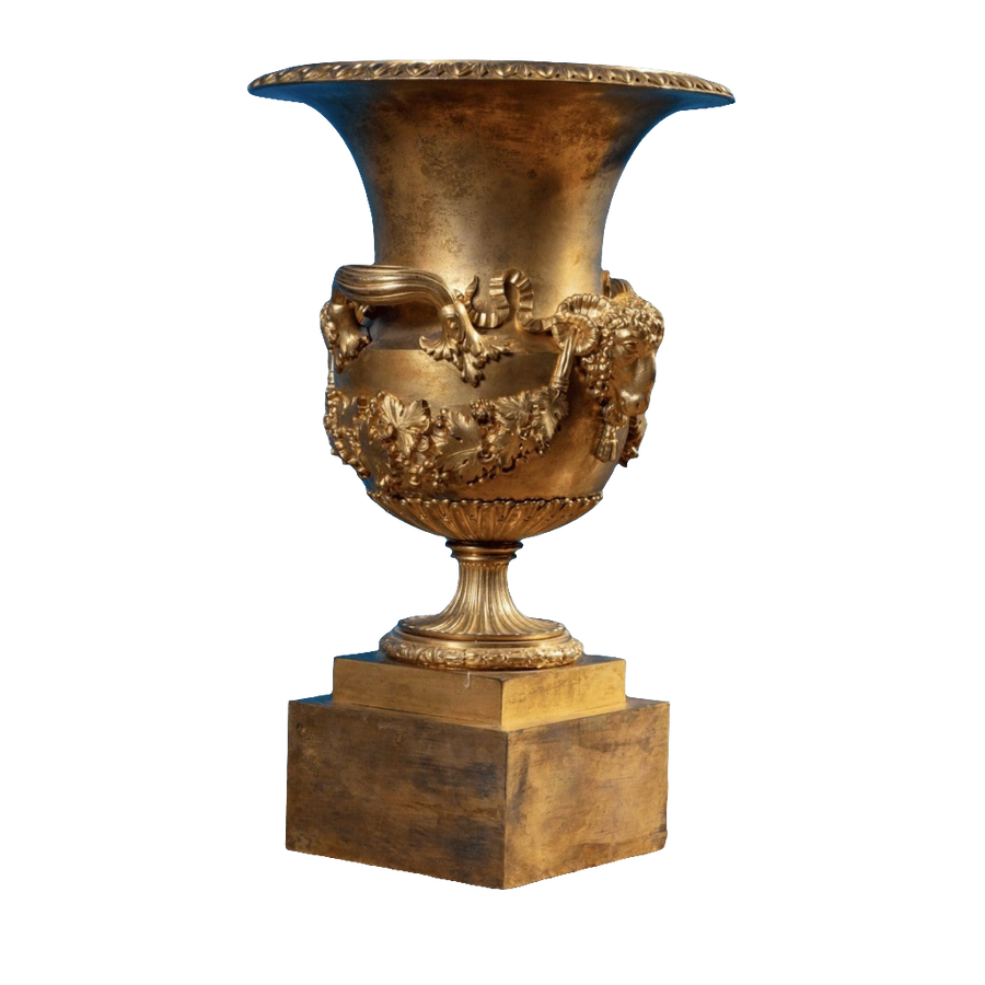 Restauration gilt-bronze vase with rams’ heads and grapevine details on square plinth by Collection EE20