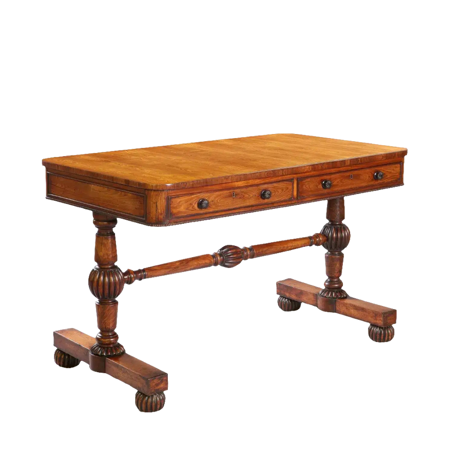 William IV Kingwood End Support Writing Table with rectangular top, drawers, kingwood veneer, and turned stretcher base.