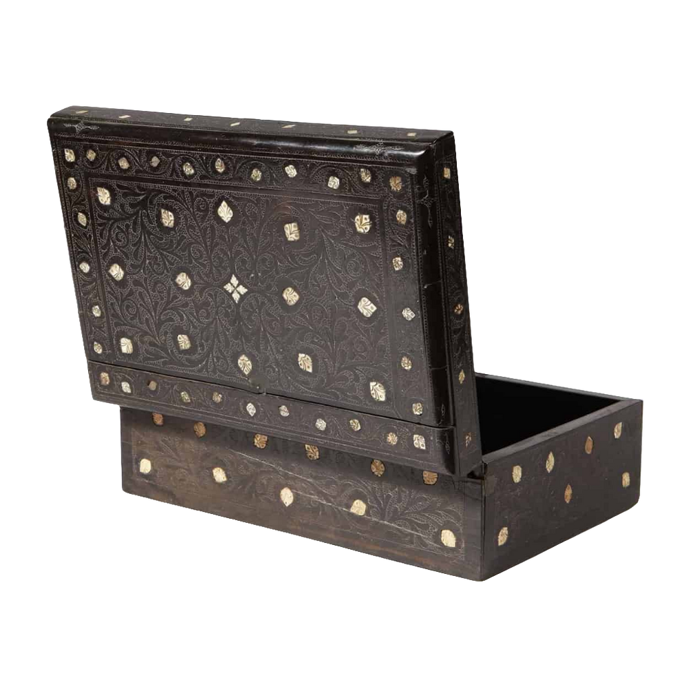 19th century Indian ebony box with bone inlay and red fabric lining by Collection EE20 with foliate designs