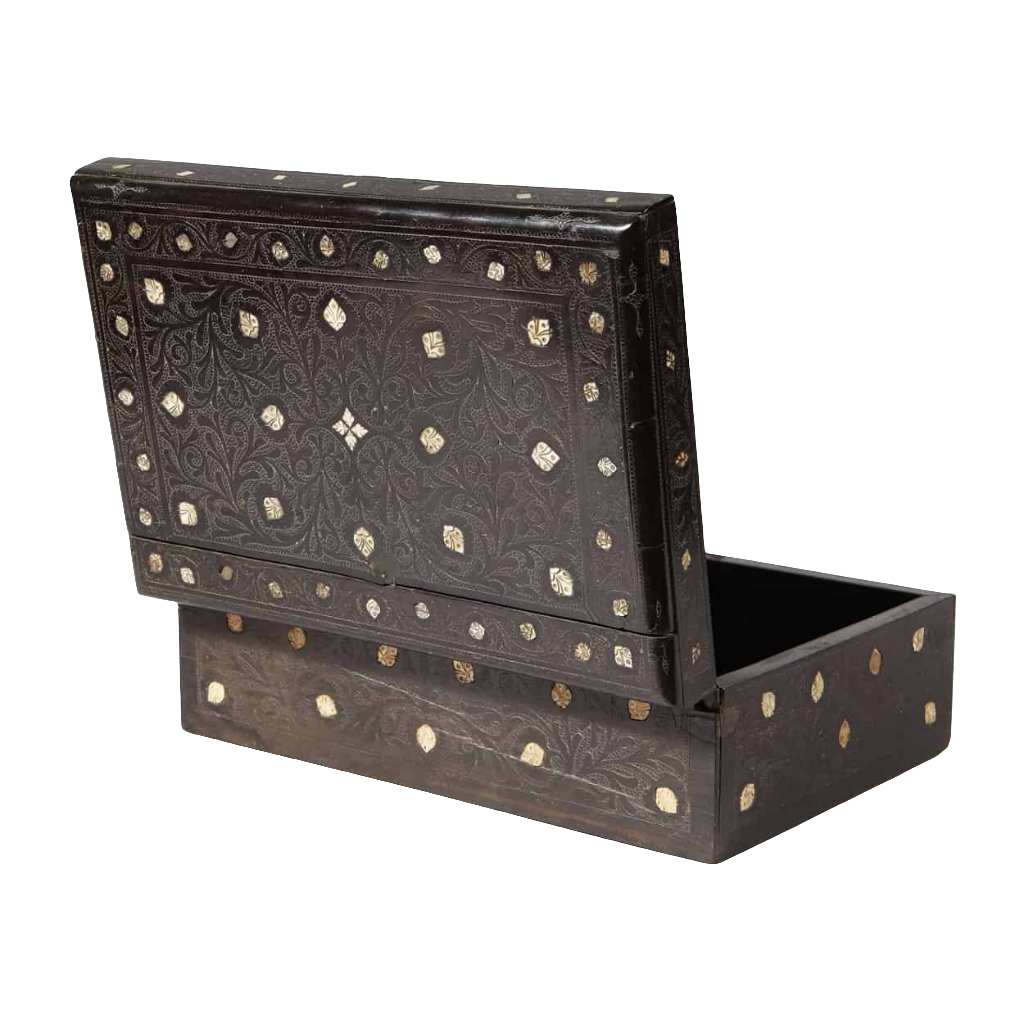 19th century Indian ebony box with bone inlay and red fabric lining by Collection EE20 with foliate designs