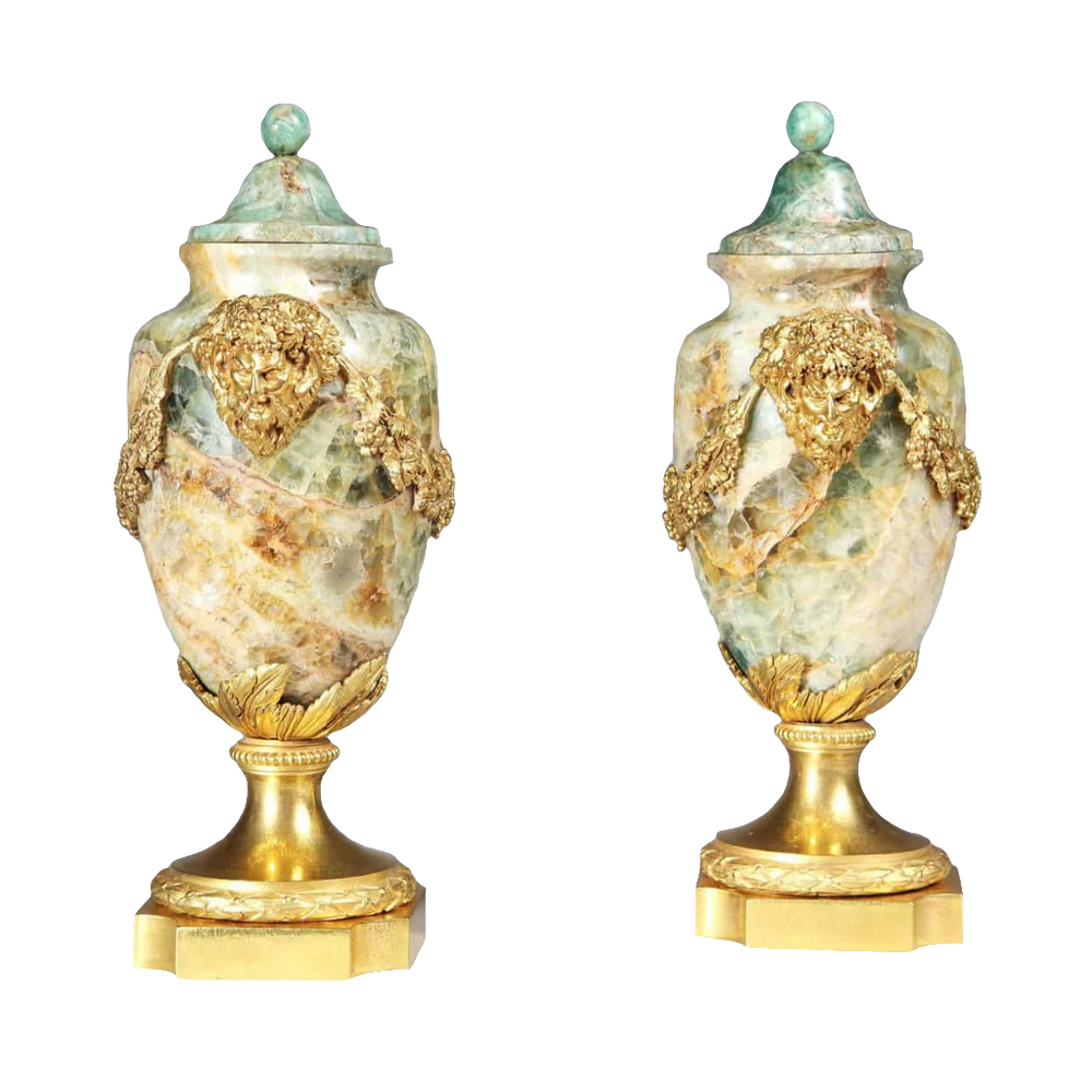 Pair of rare Louis XVI Weardale Fluorspar urns with ormolu mounts by Nicholas Wells Antiques, circa 1790 France