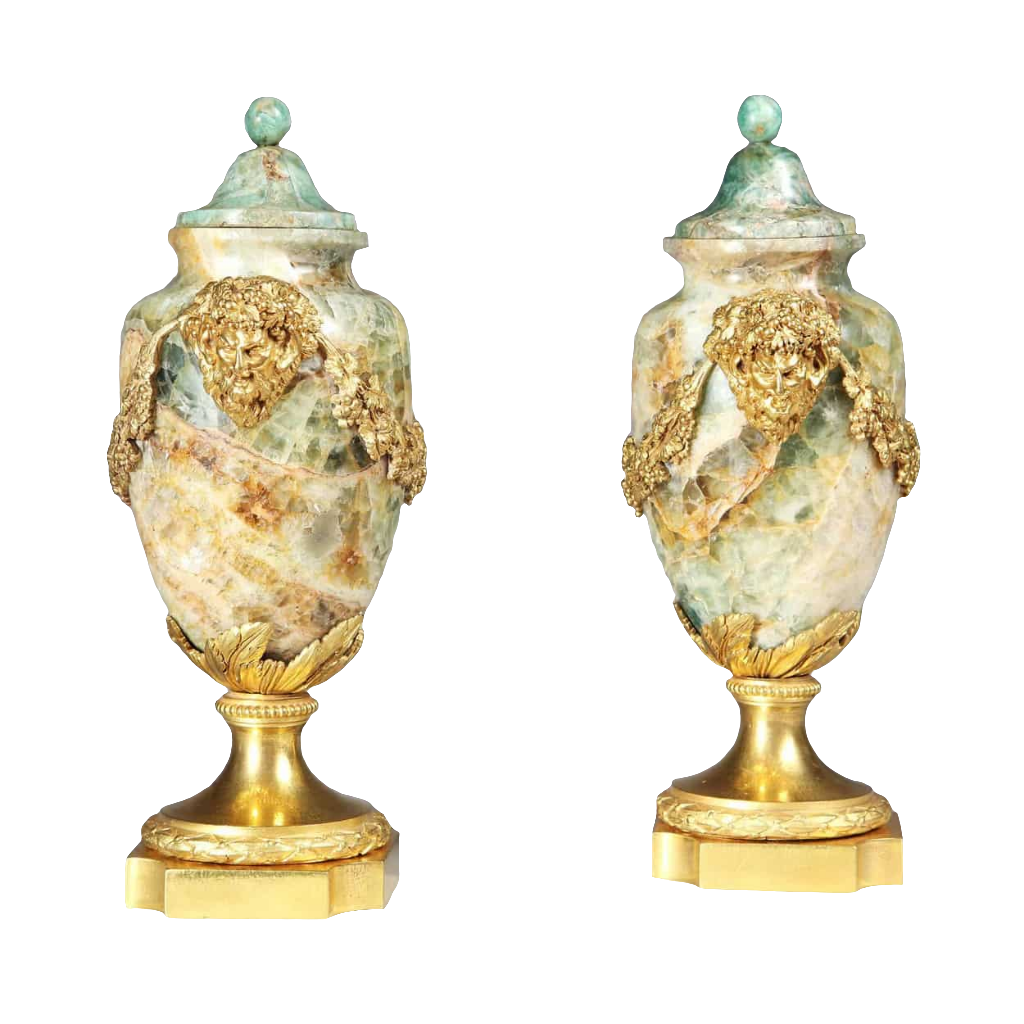 Pair of rare Louis XVI Weardale Fluorspar urns with ormolu mounts by Nicholas Wells Antiques, circa 1790 France