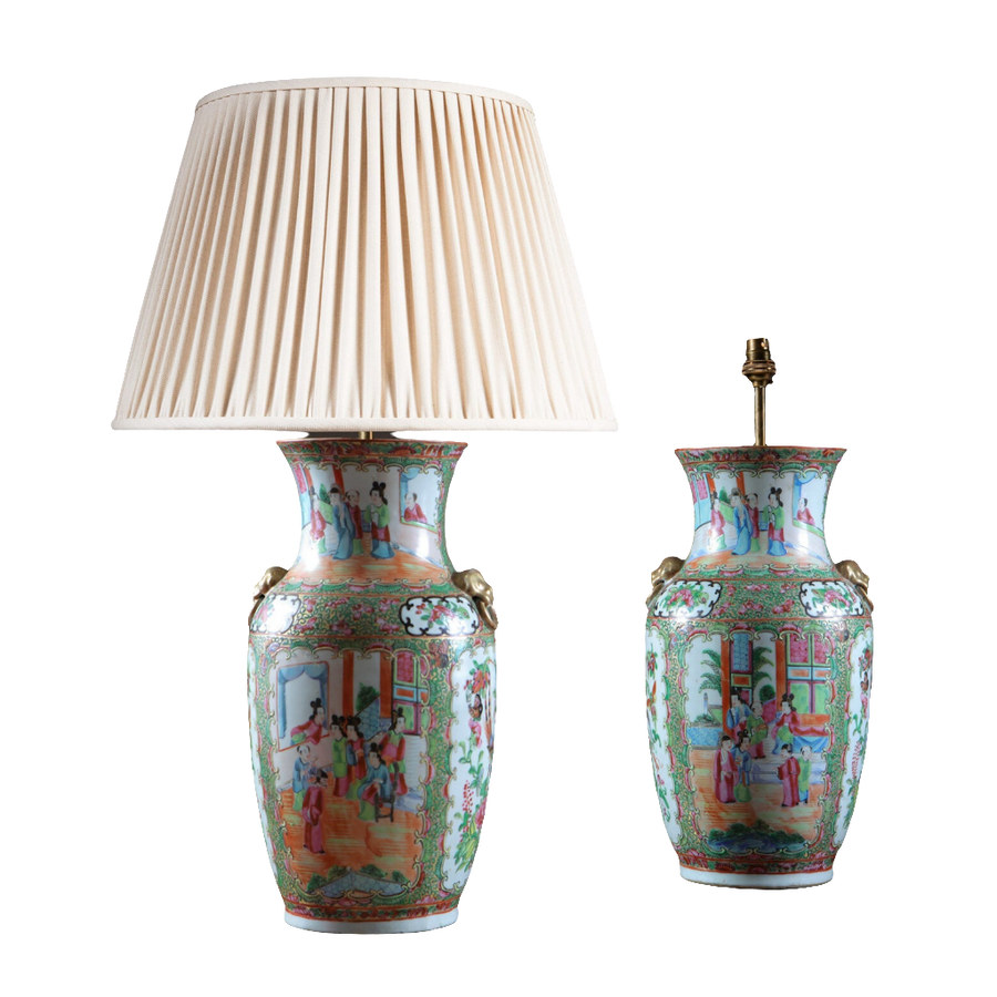 Pair of Canton Porcelain Vases Mounted as Table Lamps with intricate 19th century Chinese designs and one with pleated shade.