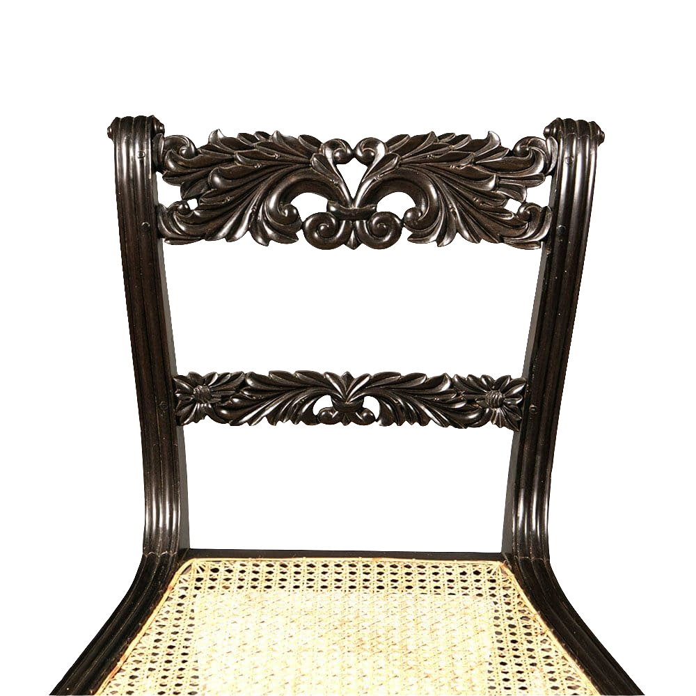 Anglo Indian ebony side chair with intricate foliate carvings and caned seat by Collection EE30