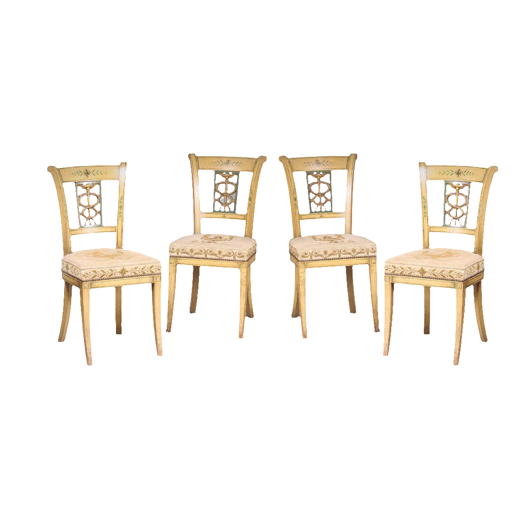 Set of four Regency side chairs with cream painted finish and needlework upholstery by Collection TH20