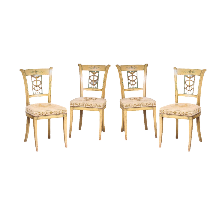 Set of four Regency side chairs with cream painted finish and needlework upholstery by Collection TH20